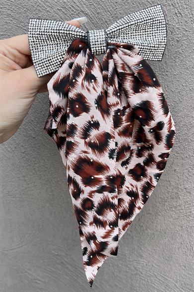 Kahve Renk Leopar Desenli Taş Detaylı Otomat Toka