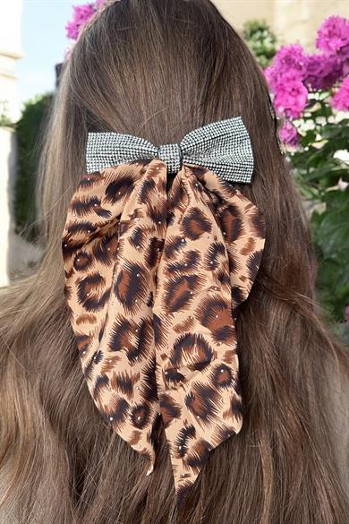 Kahve Renk Leopar Desenli Taş Detaylı Otomat Toka