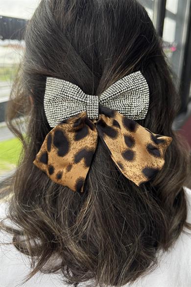 Kahverengi Taş Detaylı Leopar Desenli Otomat Toka