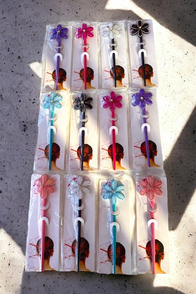 Karışık Renk 12li Çiçek Detaylı Topuz Kalemi