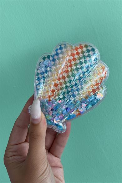 Karışık Renk Deniz Kabuğu Detaylı Kare Figürlü Simli Taşınabilir Saç Tarama Fırçası/ Tarak