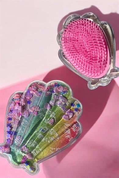 Karışık Renk Deniz Kabuğu Detaylı Öpücük Figürlü Simli Taşınabilir Saç Tarama Fırçası/ Tarak