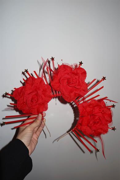 Kırmızı Renk Çiçek Detaylı Gelin/Kına/Nişan/Söz/Bride Tasarım Taç