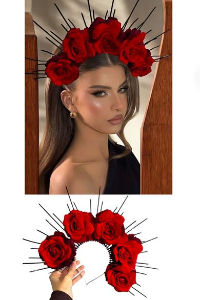 Kırmızı Renk Çiçek Detaylı Gelin/Kına Tasarım Taç