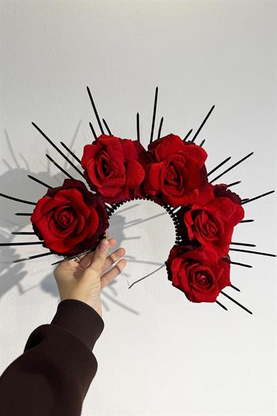 Kırmızı Renk Çiçek Detaylı Gelin/Kına Tasarım Taç