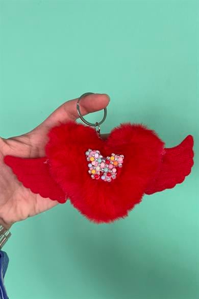 Kırmızı Renk Karışık Figürlü Kelebek Detaylı Peluş Anahtarlık