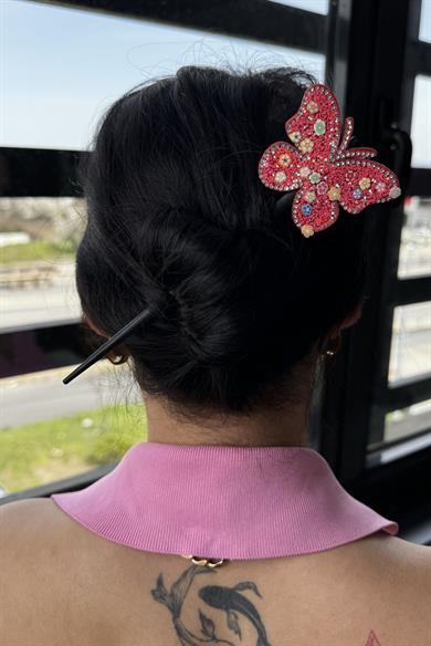 Kırmızı Renk Kelebek Figürlü Topuz Tokası/Topuz Kalemi