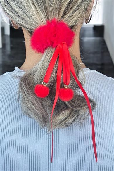 Kırmızı Renk Ponpon Detaylı Peluş Simit Toka