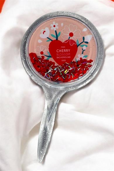 Kırmızı Renk Pul Detaylı Karışık Figürlü El Aynası