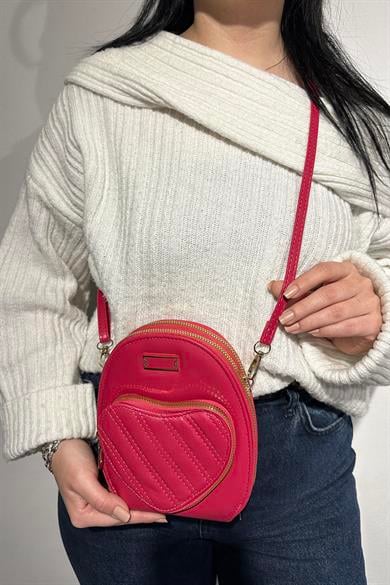 Koyu Pembe Renk Kalp Detaylı Deri Kadın Çanta