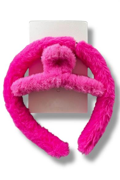 Koyu Pembe Renk Peluş Mandal Toka Ve Taç Set