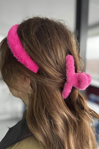 Koyu Pembe Renk Peluş Mandal Toka Ve Taç Set