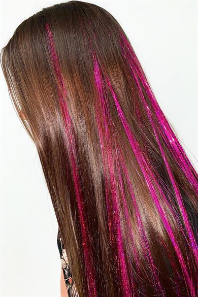 Koyu Pembe Renk Simli Yan Postiş Hair Tinsel Shiny Hair (50 Cm)