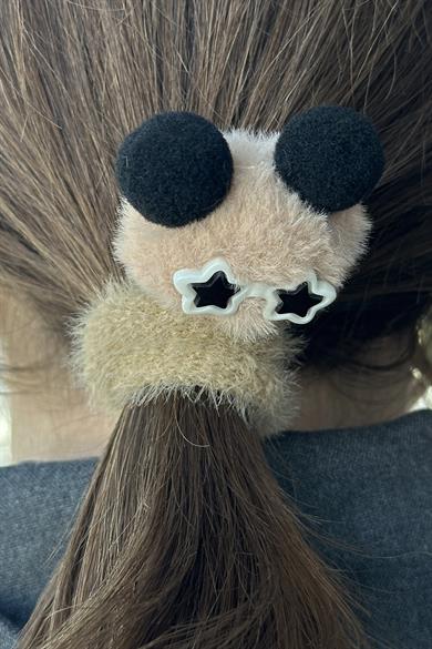 Krem Renk Beyaz Gözlük Detaylı Peluş Lastik Toka