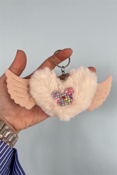 Krem Renk Karışık Figürlü Kelebek Detaylı Peluş Anahtarlık