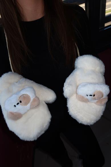 Krem Renk Köpek Figürlü Askılı Peluş Eldiven