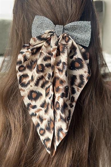 Krem Renk Leopar Desenli Taş Detaylı Otomat Toka