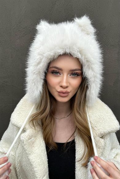 Krem Renk Peluş Bucket Şapka