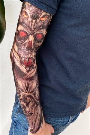 Skull and Owl Model Arm Tattoo Tattoo