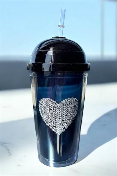 Lacivert Renk Kalp Figürlü Taş Detaylı Pipetli Suluk