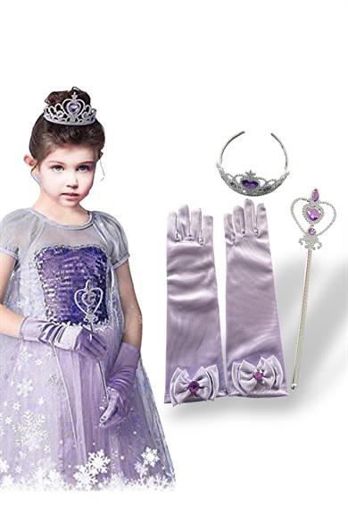 Lila Renk Taş Detaylı Taç, Asa, Eldiven Set