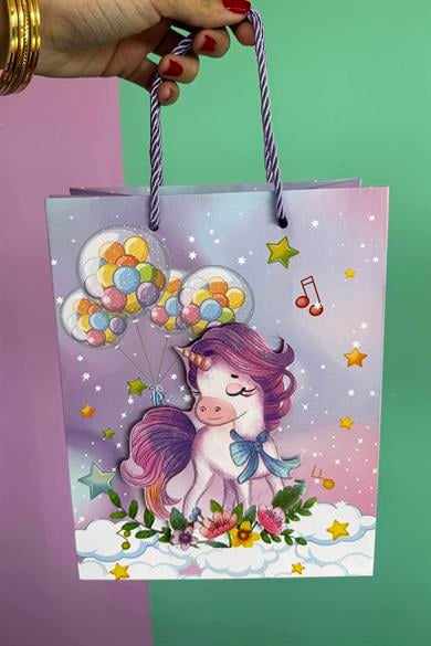 Lila Renk Unicorn Figürlü 3D Görünümlü Karton Çanta