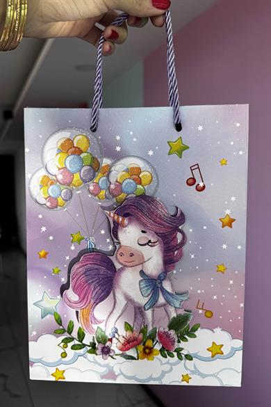 Lila Renk Unicorn Figürlü 3D Görünümlü Karton Çanta