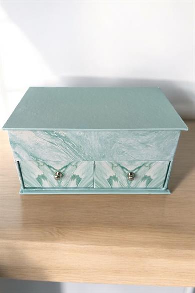 Mavi Renk Ayna Detaylı Bölmeli Çekmeceli Takı Organizeri