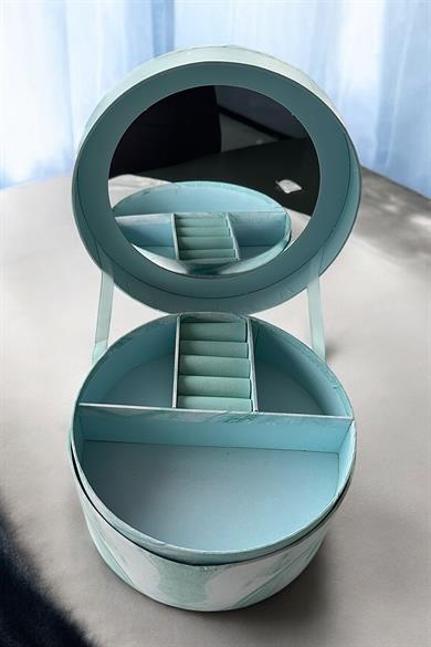 Mavi Renk Ayna Detaylı 2 Bölmeli Takı Organizeri