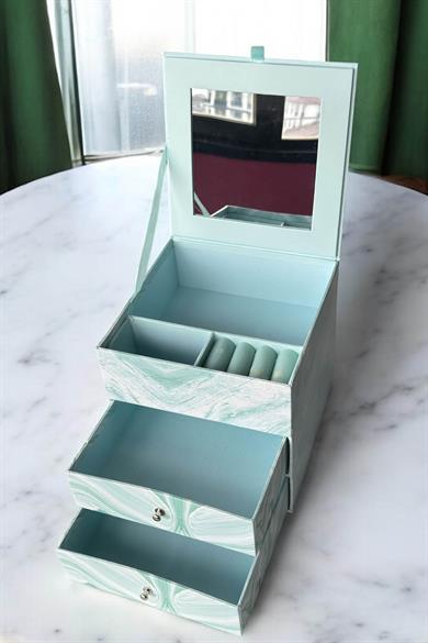 Mavi Renk Ayna Ve Çekmece Detaylı Takı Organizeri