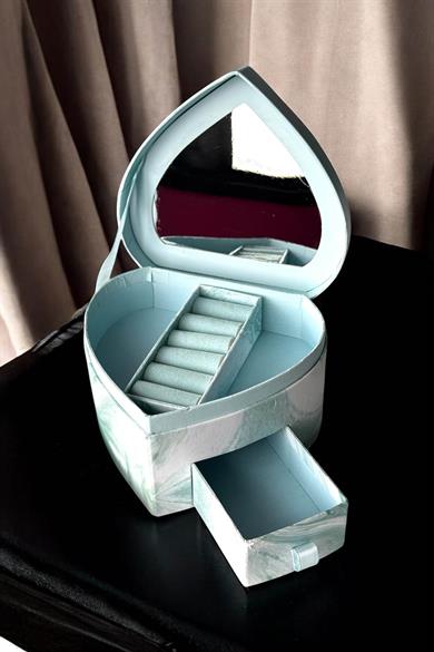 Mavi Renk Kalp Figürlü Bölmeli Çekmeceli Takı Organizeri