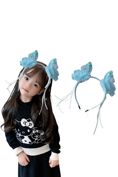 Mavi Renk Kelebek Figürlü İnci Detaylı Çocuk Taç