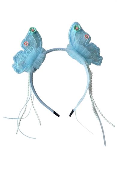 Mavi Renk Kelebek Figürlü İnci Detaylı Çocuk Taç