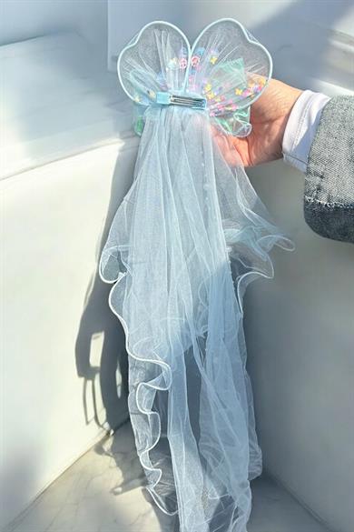 Mavi Renk Kurdele Figürlü Duvak Detaylı Yan Toka