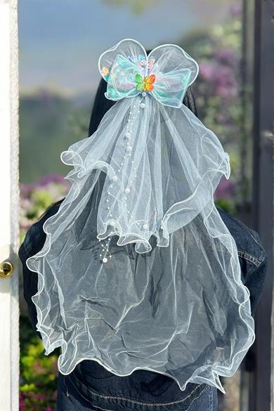 Mavi Renk Kurdele Figürlü Duvak Detaylı Yan Toka