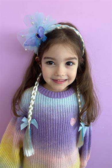 Mavi Renk Kurdele Figürlü Örgülü Çocuk Taç