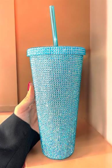 Mavi Renk Taş Detaylı Pipetli Suluk