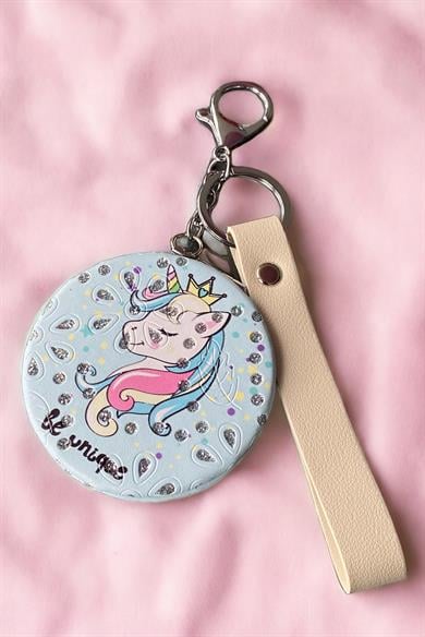 Mavi Renk Unicorn Figürlü Cep Aynası/ Anahtarlık