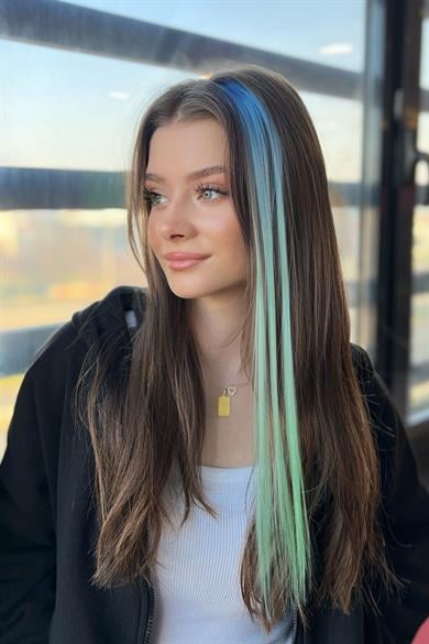 Mavi - Turkuaz - Su Yeşili Ombre Çıt Çıt Yan Postiş/ 50 Cm