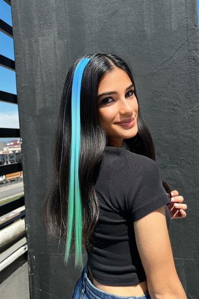 Mavi - Turkuaz - Su Yeşili Ombre Çıt Çıt Yan Postiş/ 50 Cm