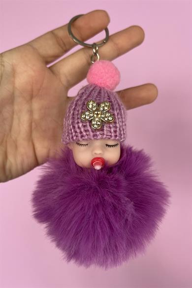 Mor Renk Bebek Figürlü Peluş Anahtarlık