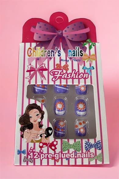 Mor Renk Çiçek Figürlü Çocuk Takma Tırnak