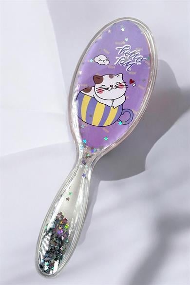 Mor Renk Kedi Figürlü Sim Detaylı Saç Tarama Fırçası/ Tarak