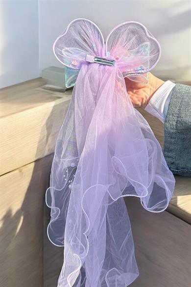 Mor Renk Kurdele Figürlü Duvak Detaylı Yan Toka