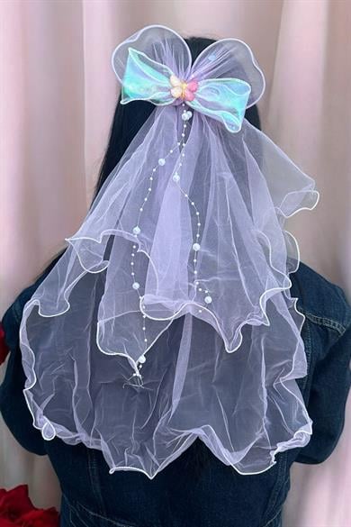 Mor Renk Kurdele Figürlü Duvak Detaylı Yan Toka