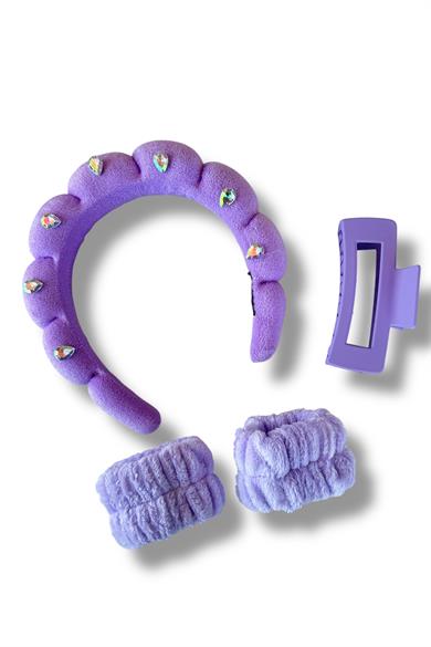Mor Renk Taş Detaylı Spa Taç/ Mandal Toka/ Su Emici Havlu Bileklik Set