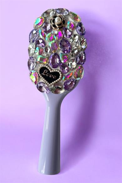 Mor Renk Taş Ve Love Yazılı Saç Tarama Fırçası/ Tarak