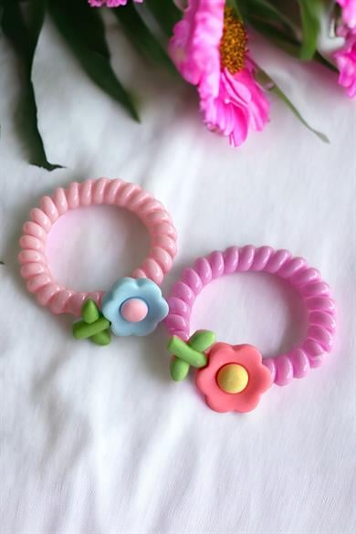 Pembe Renk 2´li Çiçek Detaylı Helezon Toka