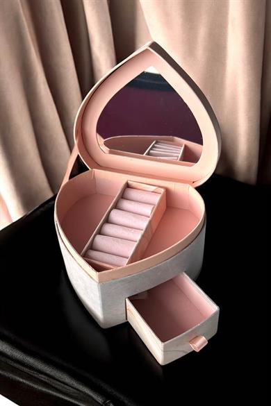 Pembe Renk Kalp Figürlü Bölmeli Çekmeceli Takı Organizeri