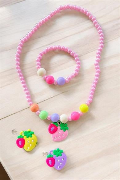 Pembe Renk Çilek Figürlü Çocuk Kolye Bileklik Set